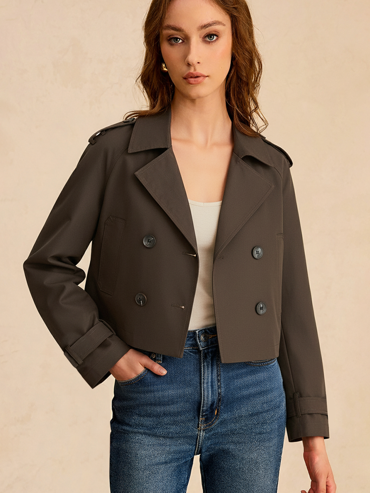 Double-Button Cropped Trench Coat-Massicos
