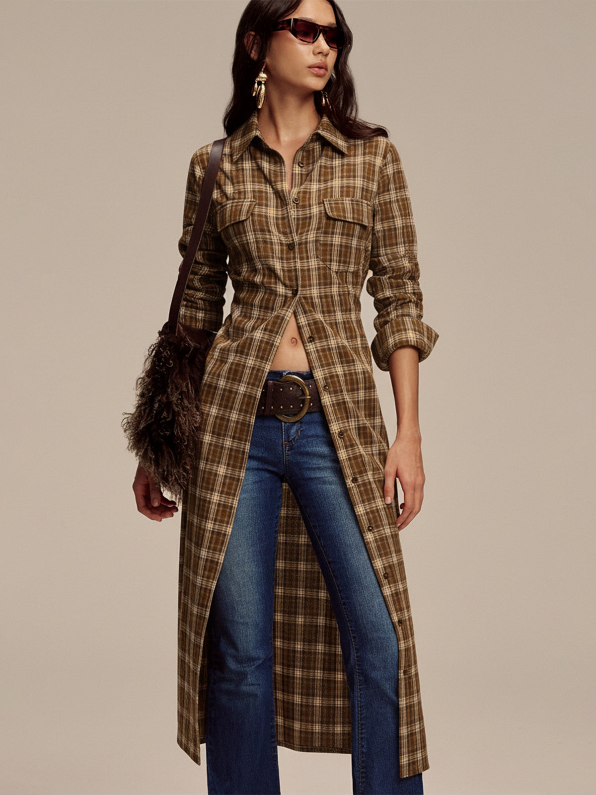 Plaid Button Front Shirt Dress-Massicos