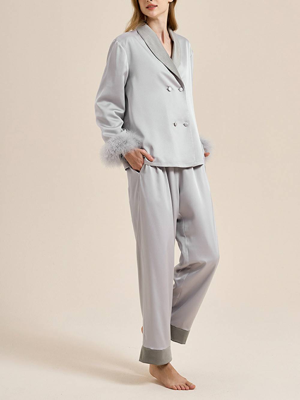 Feather Trim Red Pyjamas Set-Massicos