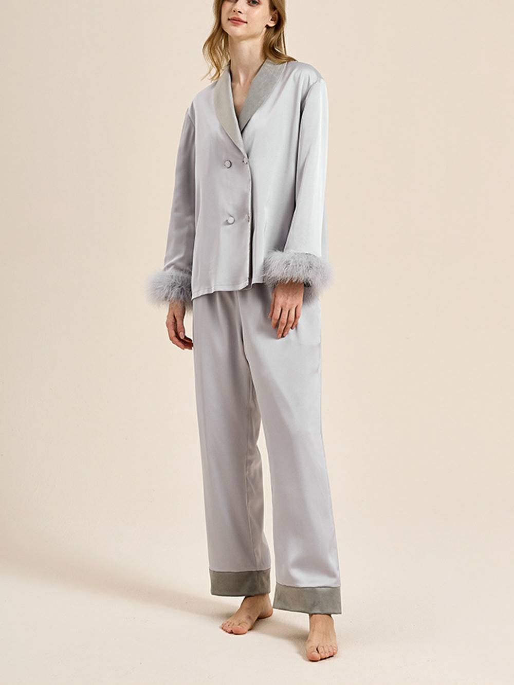 Feather Trim Red Pyjamas Set-Massicos