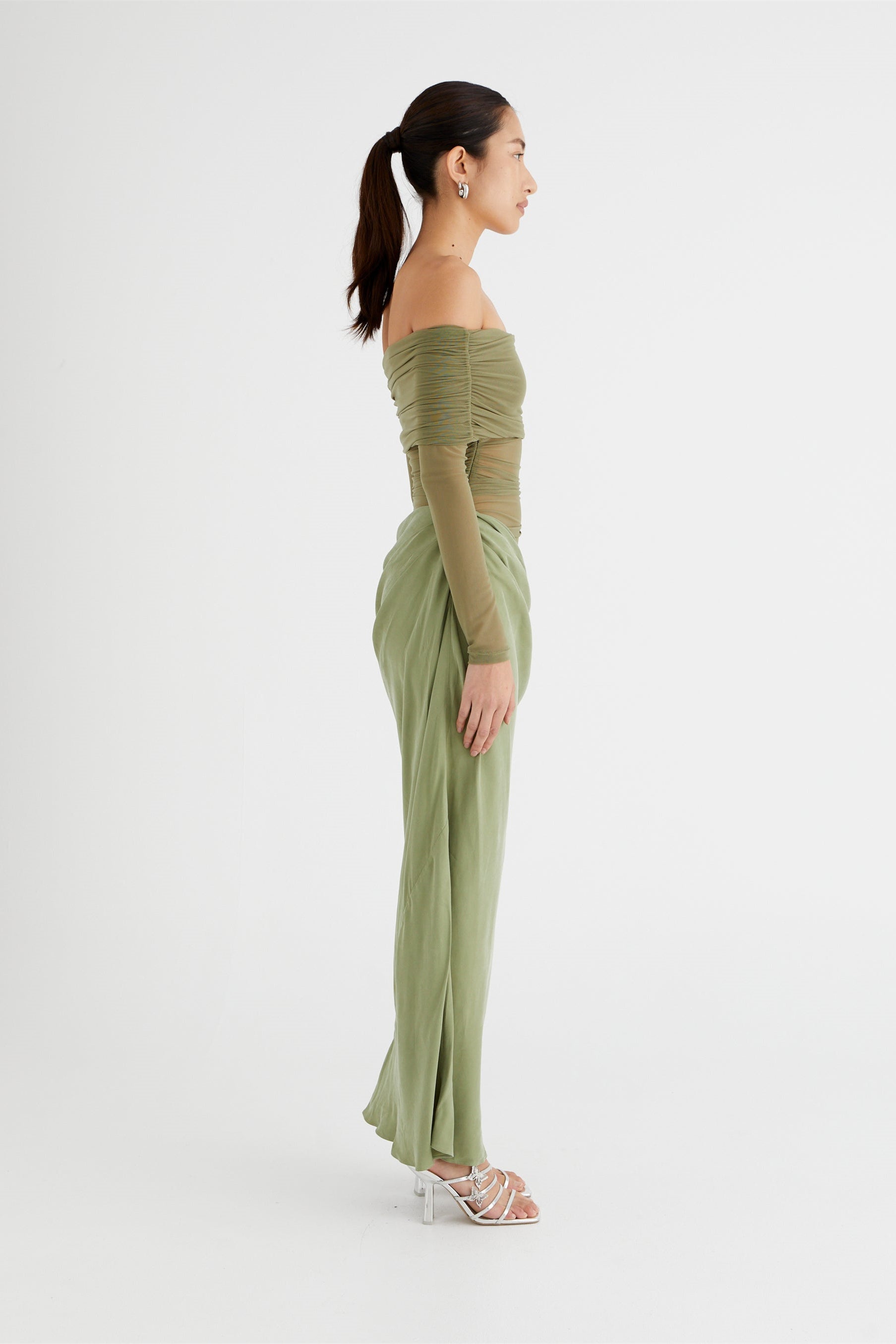 Lillian Off Shoulder Sheer Maxi Mesh Dress-ROVOLE