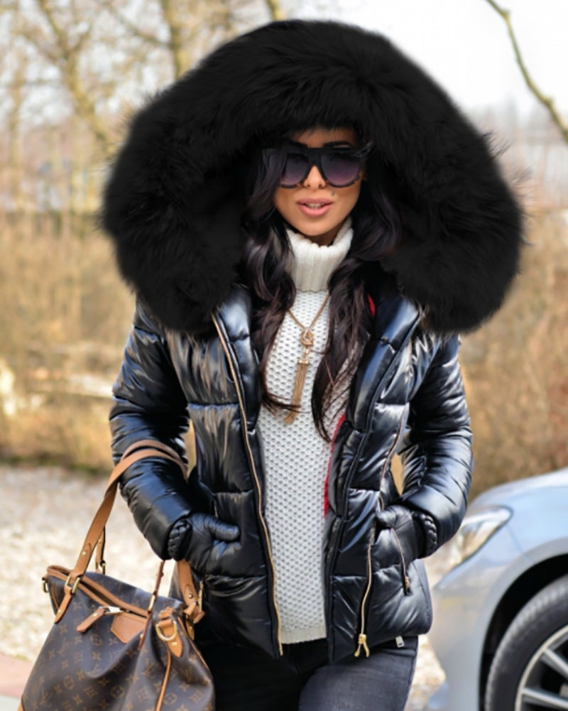 Trafni Womens Winter Puffer Coat Faux Fur Collar Hooded Down Jacket Parka Black Outerwear S-XXXL-Massicos