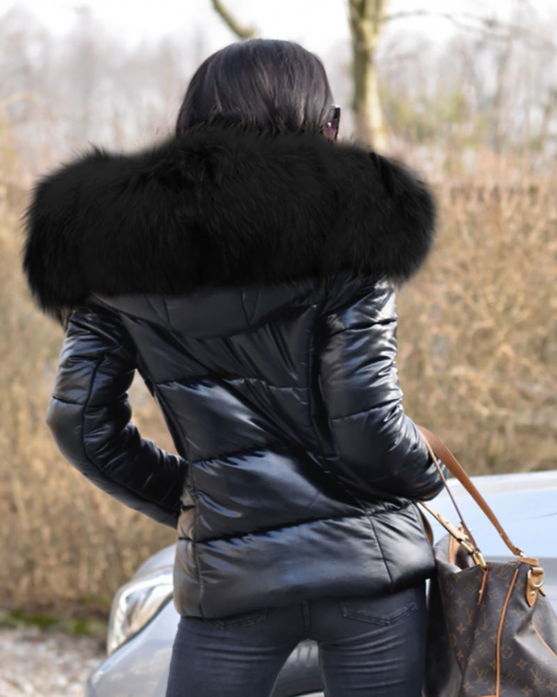 Trafni Womens Winter Puffer Coat Faux Fur Collar Hooded Down Jacket Parka Black Outerwear S-XXXL-Massicos