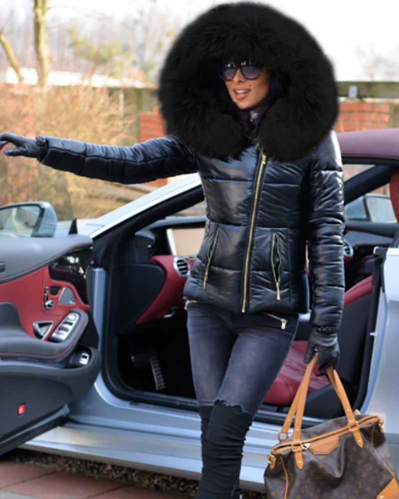Trafni Womens Winter Puffer Coat Faux Fur Collar Hooded Down Jacket Parka Black Outerwear S-XXXL-Massicos