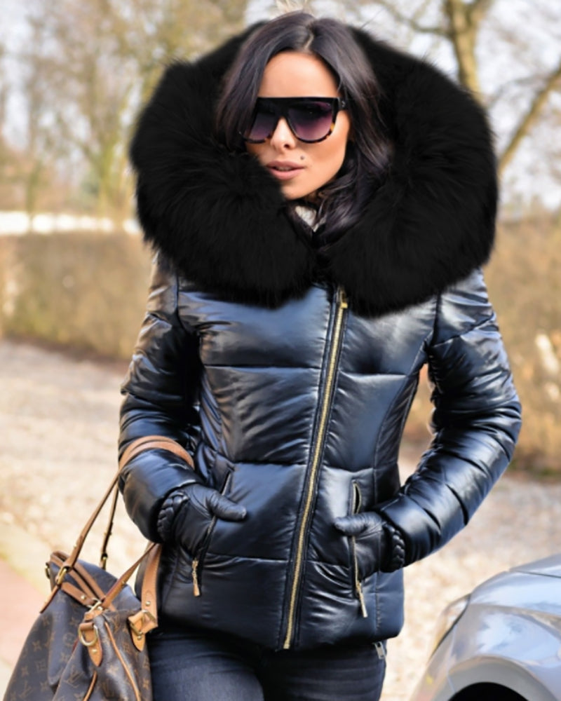 Trafni Womens Winter Puffer Coat Faux Fur Collar Hooded Down Jacket Parka Black Outerwear S-XXXL-Massicos