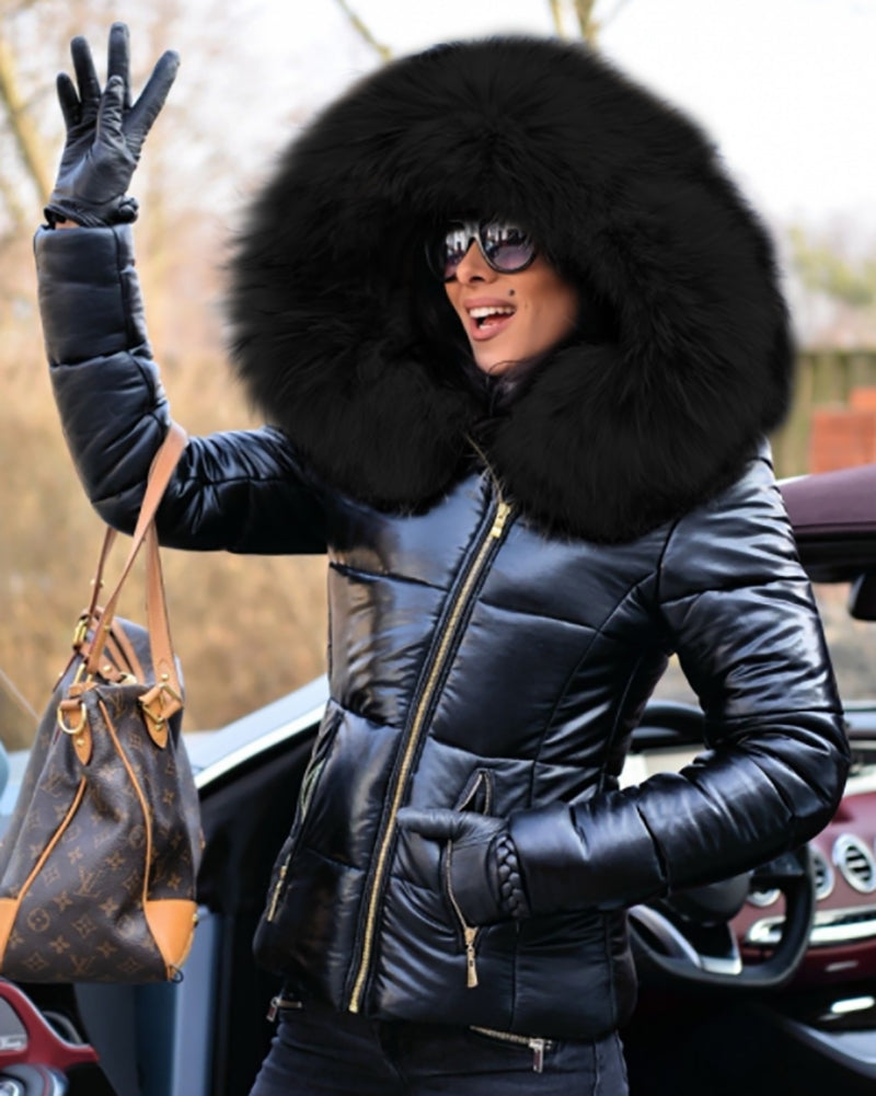 Trafni Womens Winter Puffer Coat Faux Fur Collar Hooded Down Jacket Parka Black Outerwear S-XXXL-Massicos