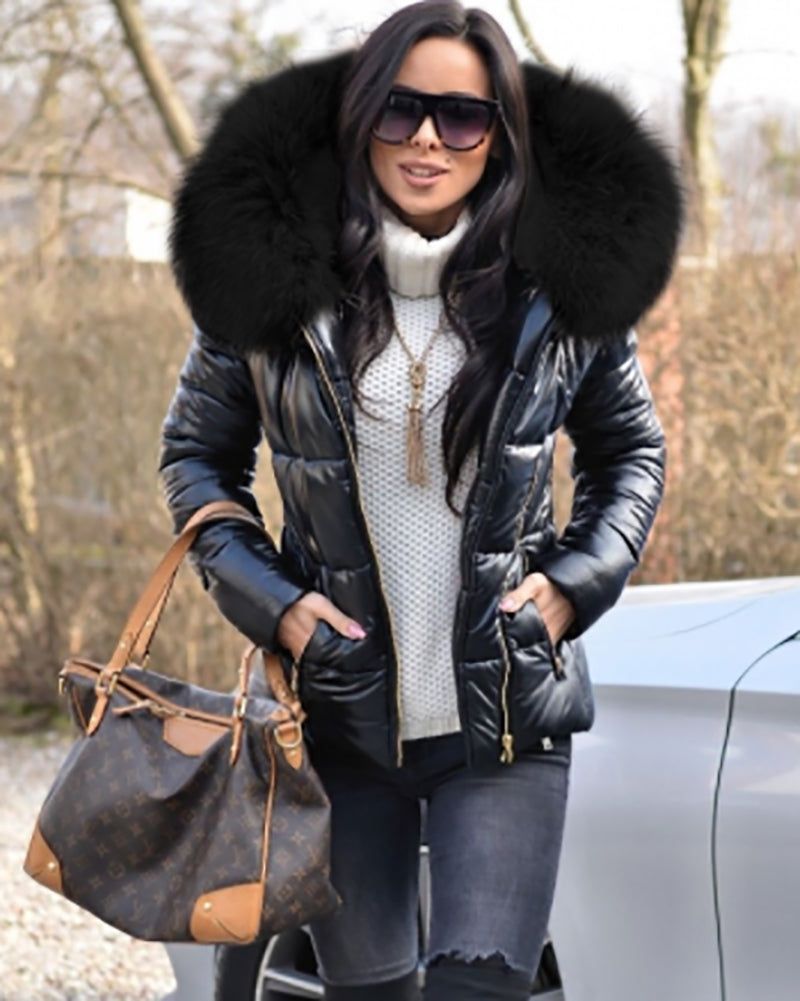Trafni Womens Winter Puffer Coat Faux Fur Collar Hooded Down Jacket Parka Black Outerwear S-XXXL-Massicos