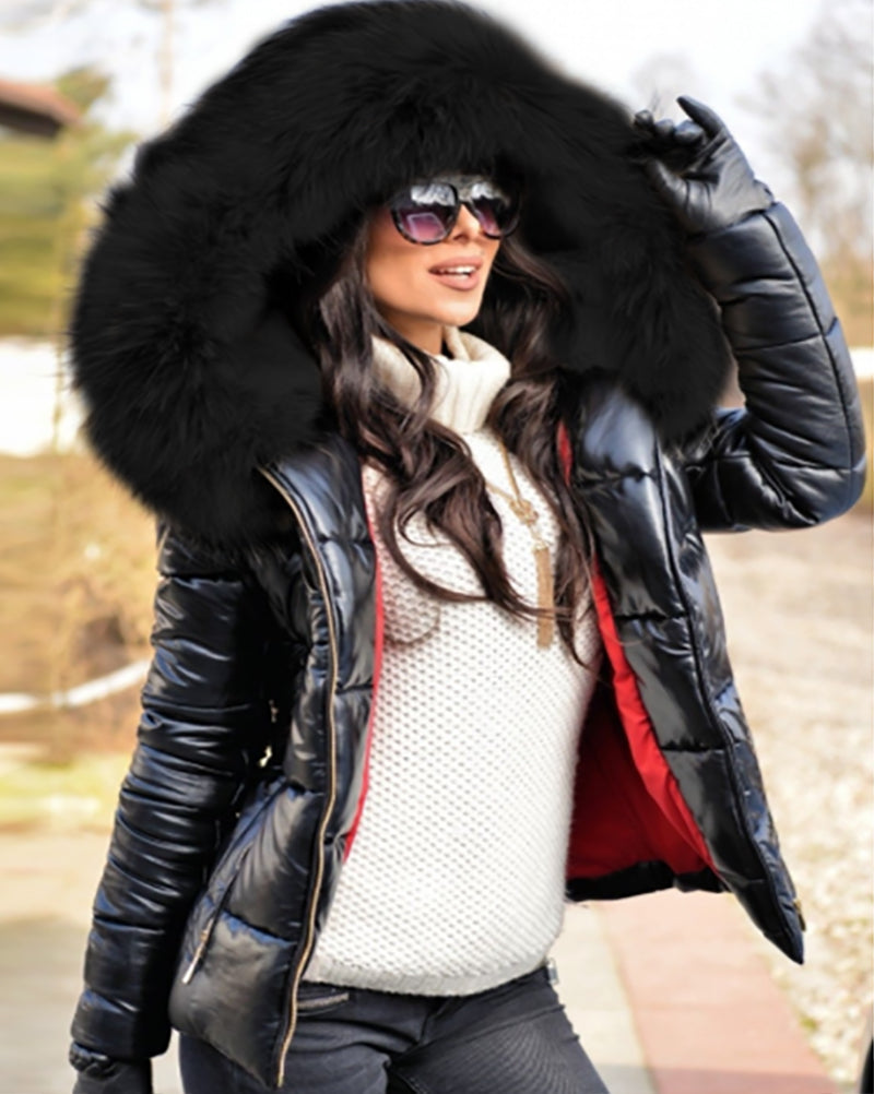 Trafni Womens Winter Puffer Coat Faux Fur Collar Hooded Down Jacket Parka Black Outerwear S-XXXL-Massicos