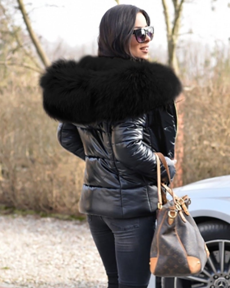 Trafni Womens Winter Puffer Coat Faux Fur Collar Hooded Down Jacket Parka Black Outerwear S-XXXL-Massicos