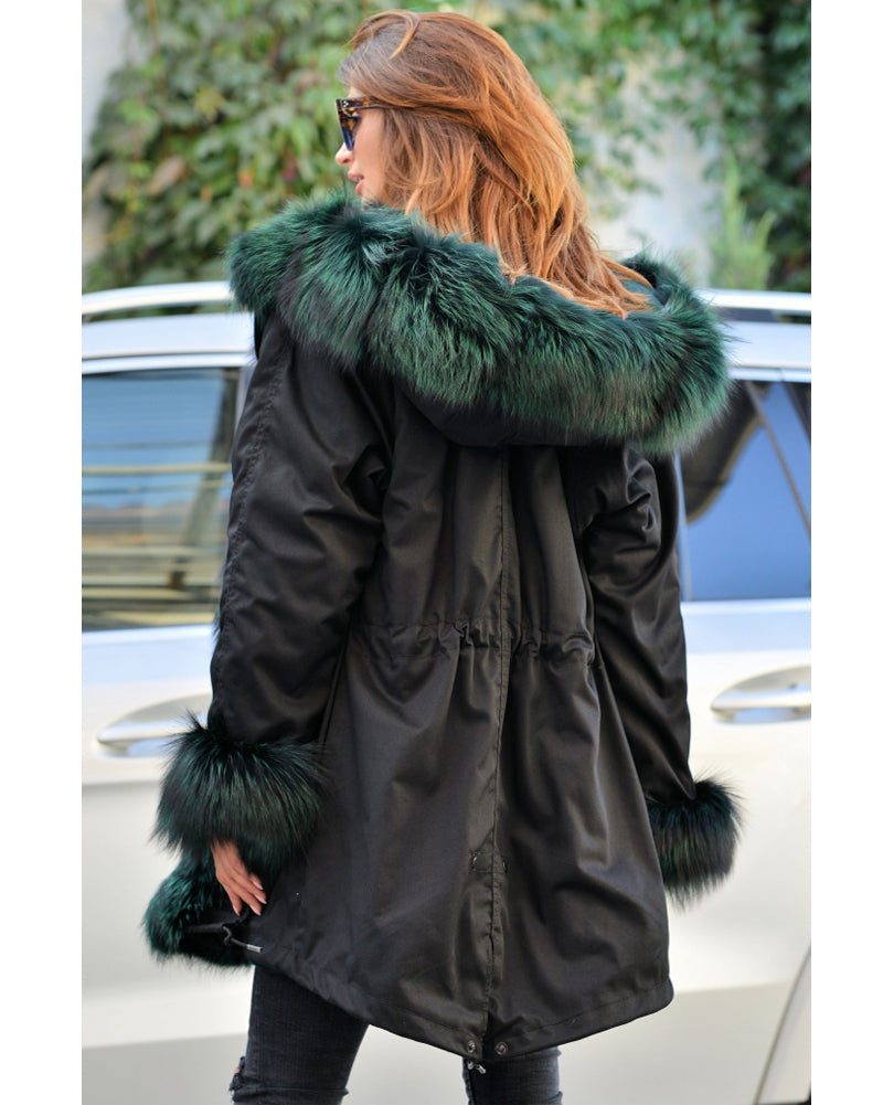 Trafni Winter Women's Parka Jacket Coats Peacock Green Faux Fur Hooded Outwear OverCoat-Massicos