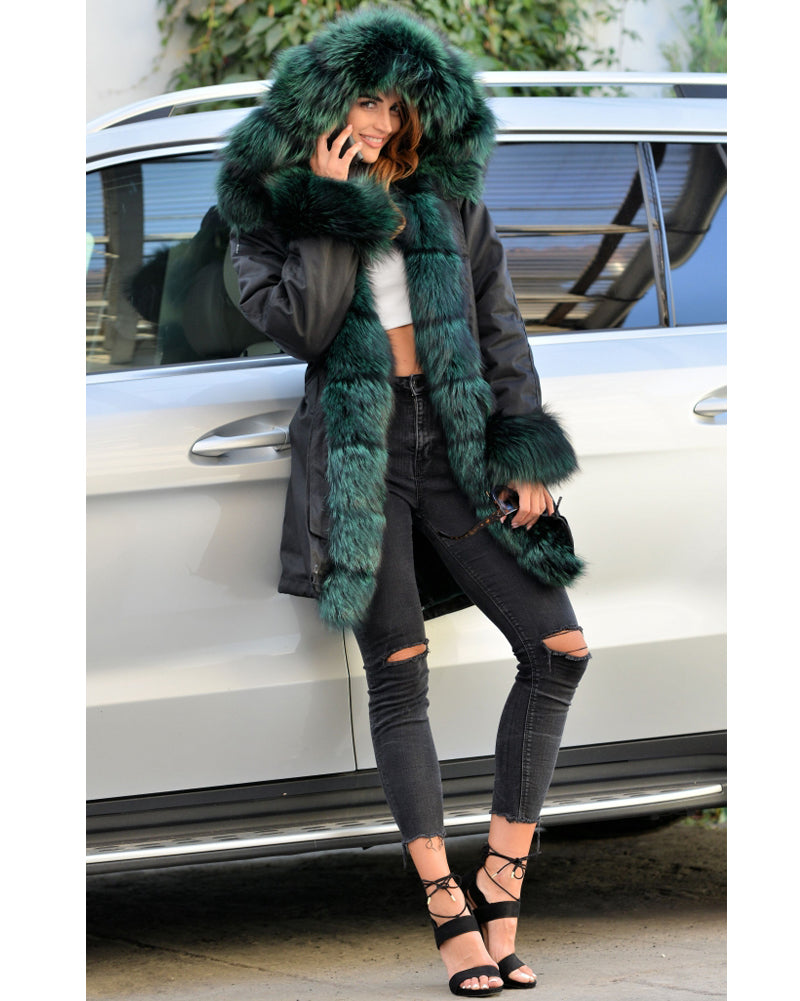 Trafni Winter Women's Parka Jacket Coats Peacock Green Faux Fur Hooded Outwear OverCoat-Massicos