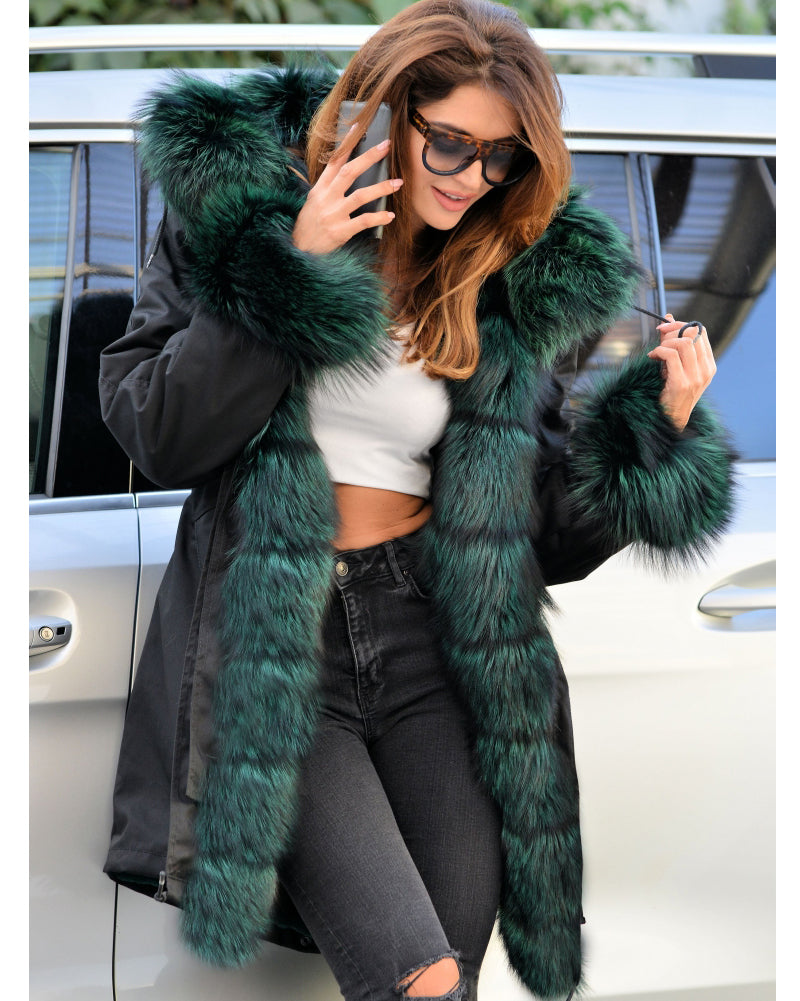 Trafni Winter Women's Parka Jacket Coats Peacock Green Faux Fur Hooded Outwear OverCoat-Massicos