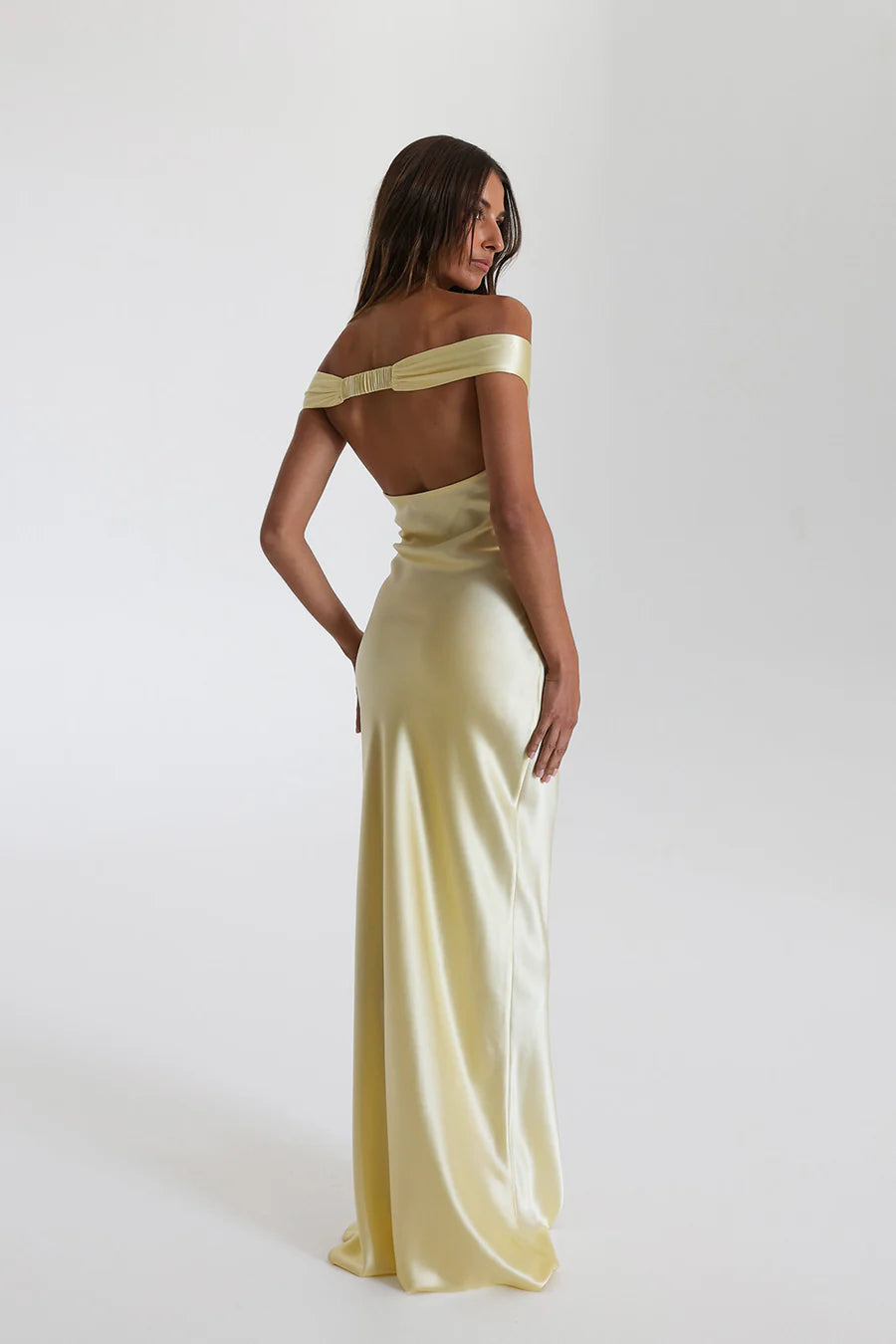 Off Shoulder Satin Maxi Dress-ROVOLE