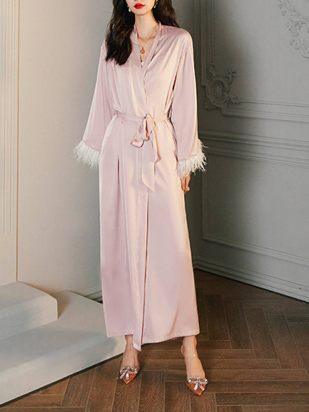 Feather Satin Kimono Robe-Massicos