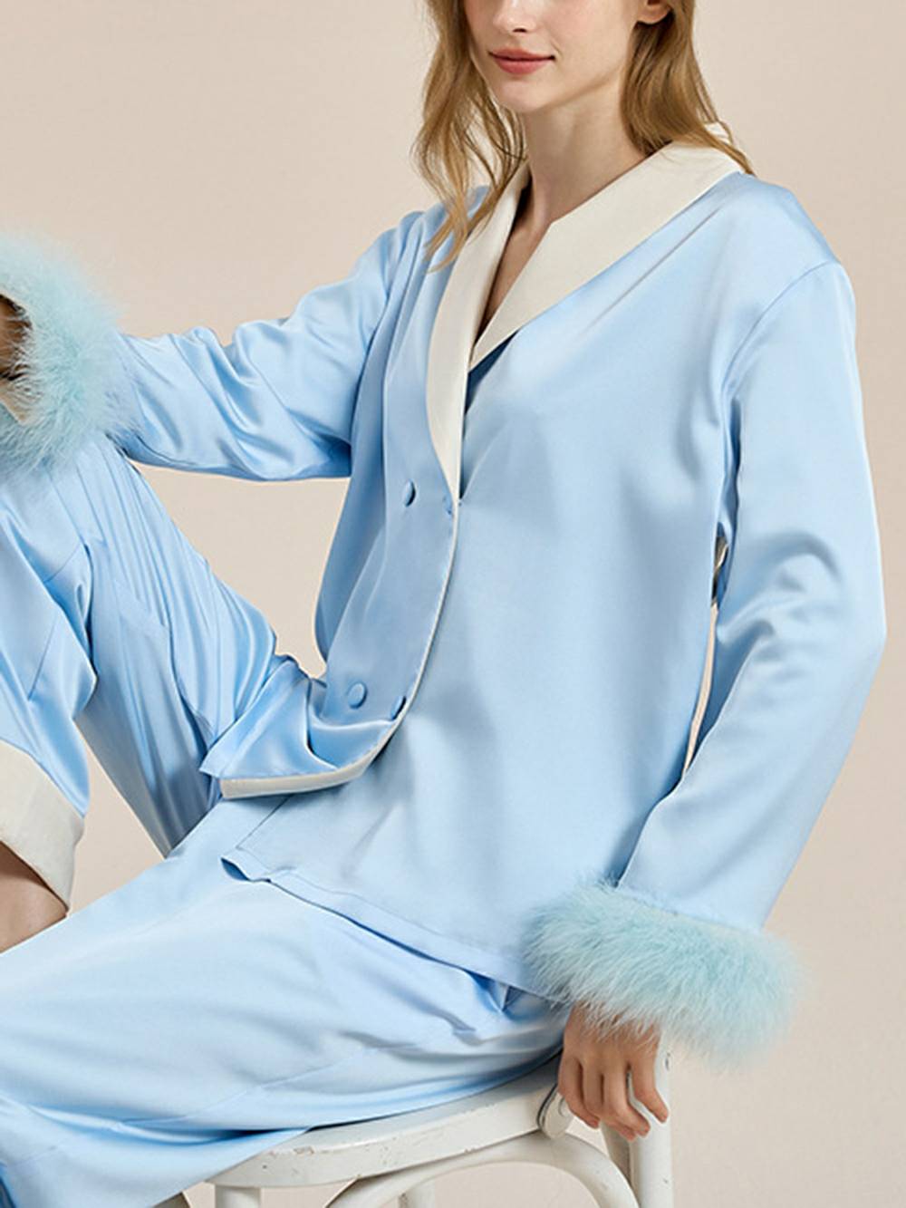 Feather Trim Red Pyjamas Set-Massicos