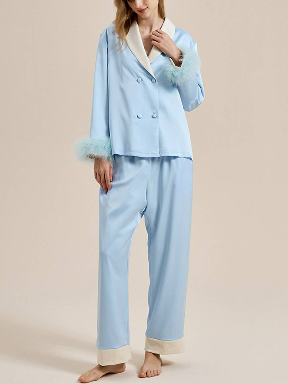 Feather Trim Red Pyjamas Set-Massicos