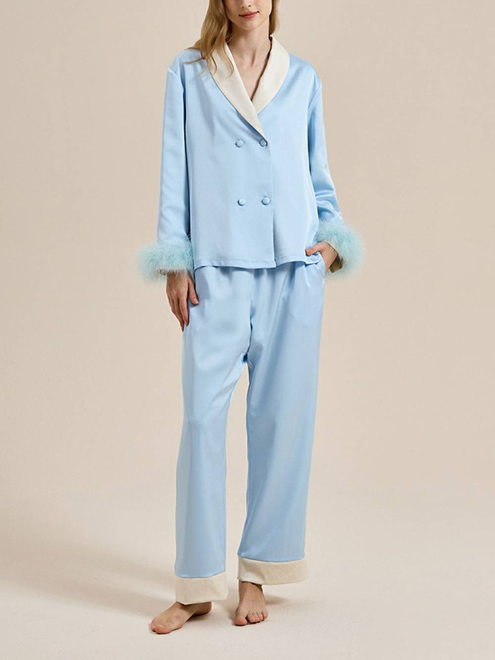 Feather Trim Red Pyjamas Set-Massicos