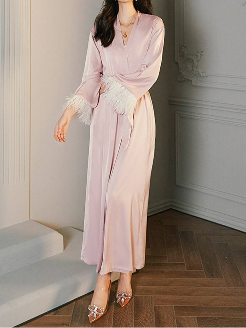 Feather Satin Kimono Robe-Massicos