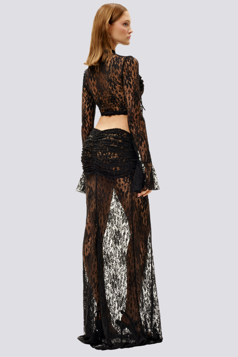 Calixte Long Sleeve Lace Ruched Skirt Set In Black-ROVOLE