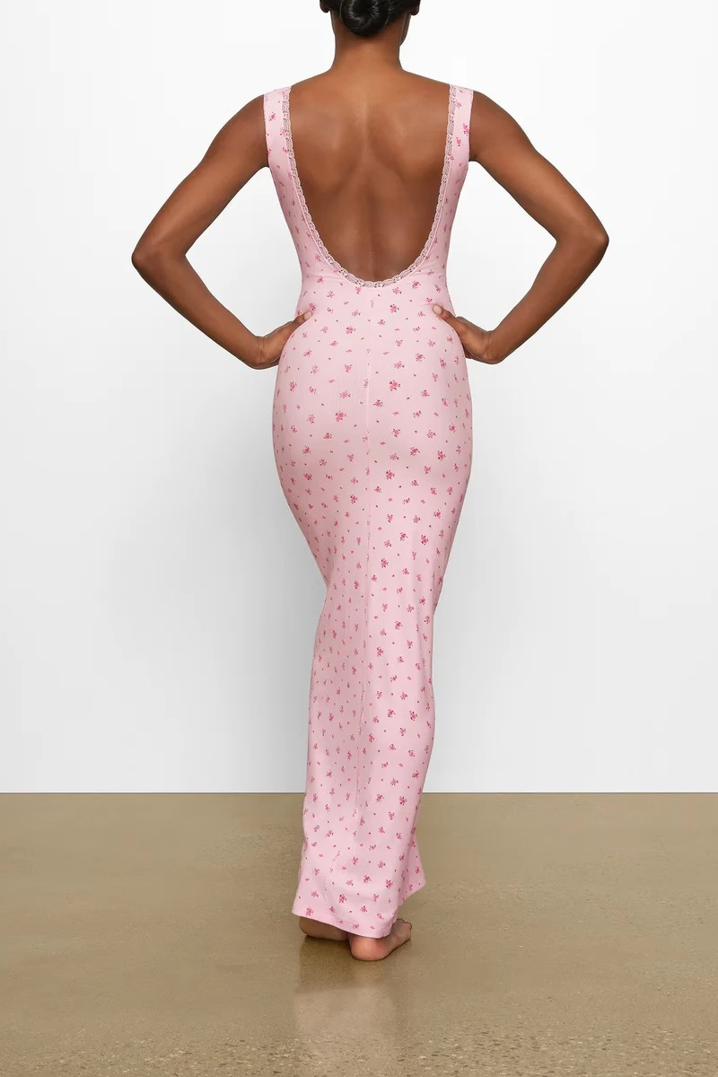 Cerise Floral Backless Maxi Dress-ROVOLE