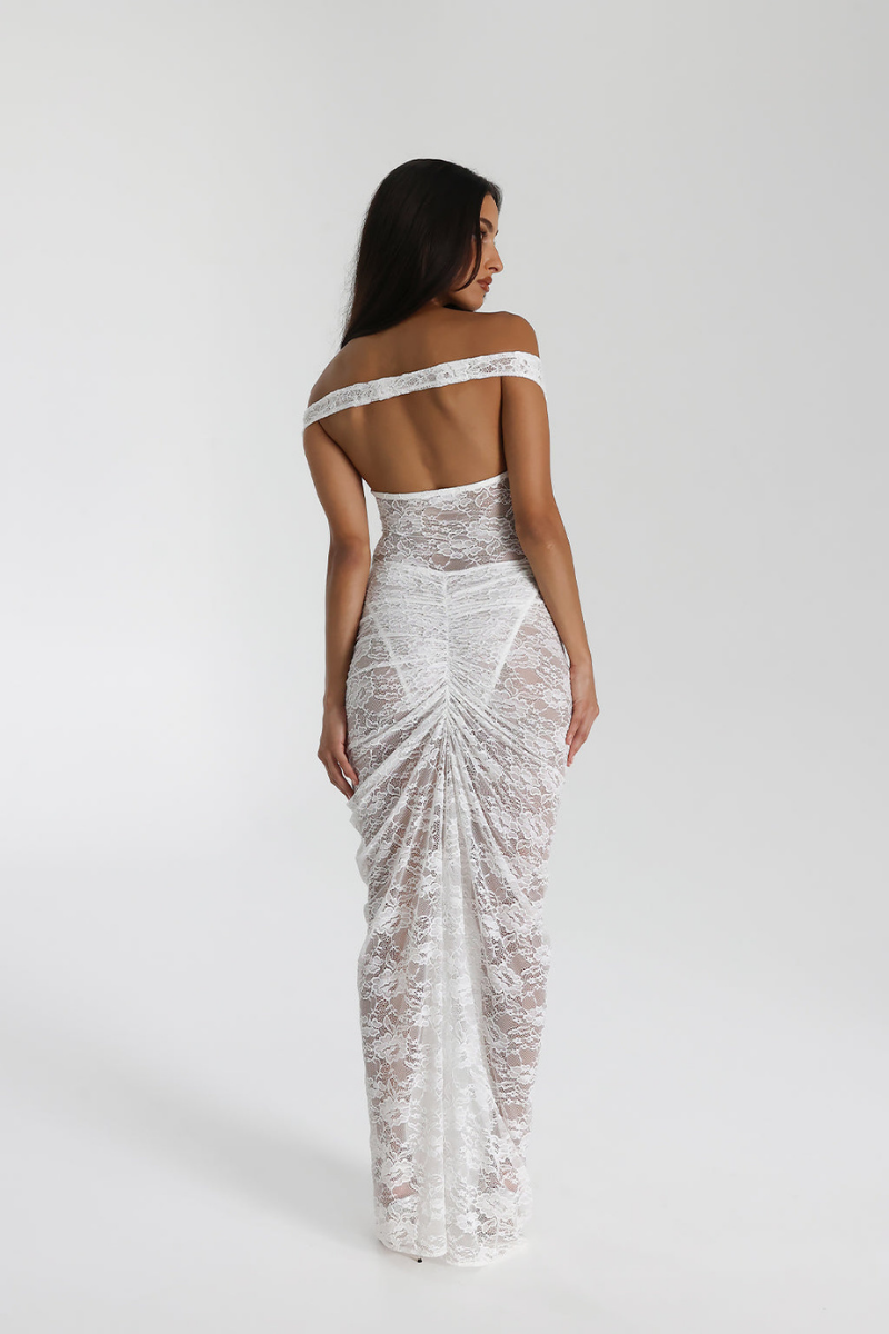 Christelle Off Shoulder Lace Skirt Set In White-ROVOLE