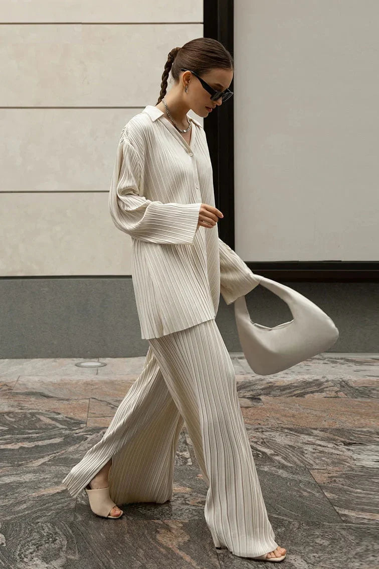 Solid Color Pleated Long Sleeve Pants Set-ROVOLE