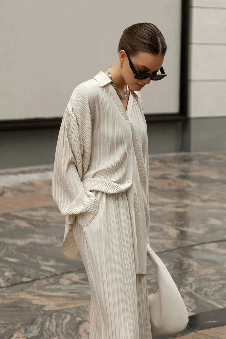 Solid Color Pleated Long Sleeve Pants Set-ROVOLE