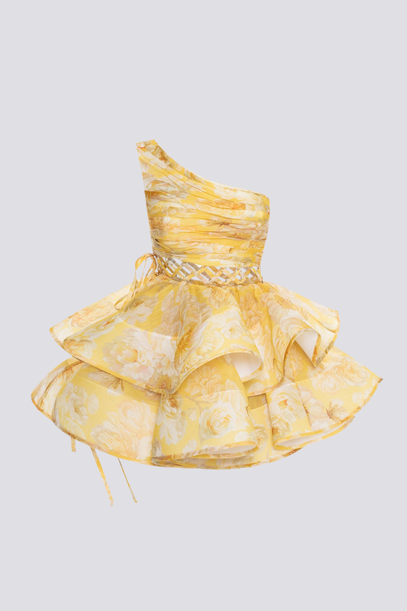 Cora One Shoulder Ruffle Cutout Mini Dress In Yellow-ROVOLE