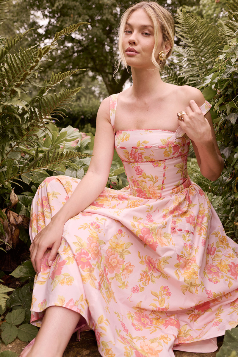 Cybèle Peach Poppy Print Midi Dress-ROVOLE