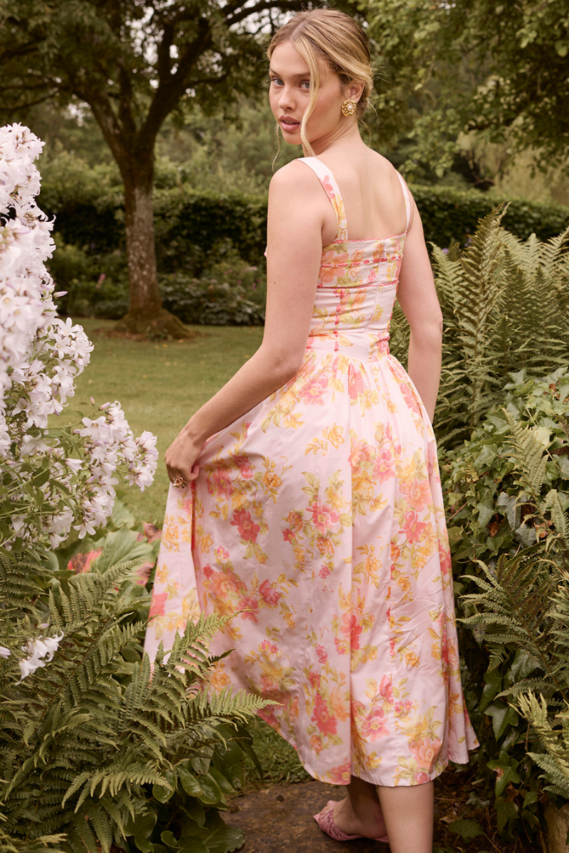 Cybèle Peach Poppy Print Midi Dress-ROVOLE