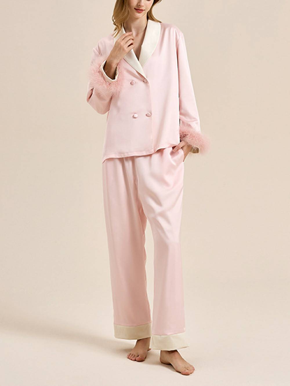 Feather Trim Red Pyjamas Set-Massicos