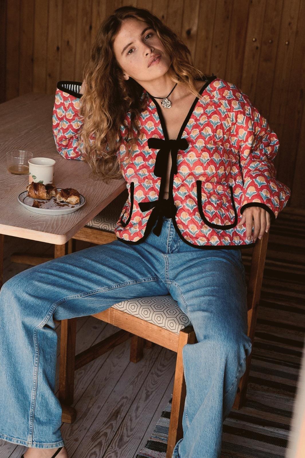 Cute Floral Print Bow Lace-Up Jacket-Massicos
