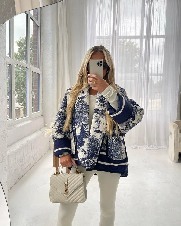 Vintage Ink Painting Print Quilted Oversized Jacket-Massicos