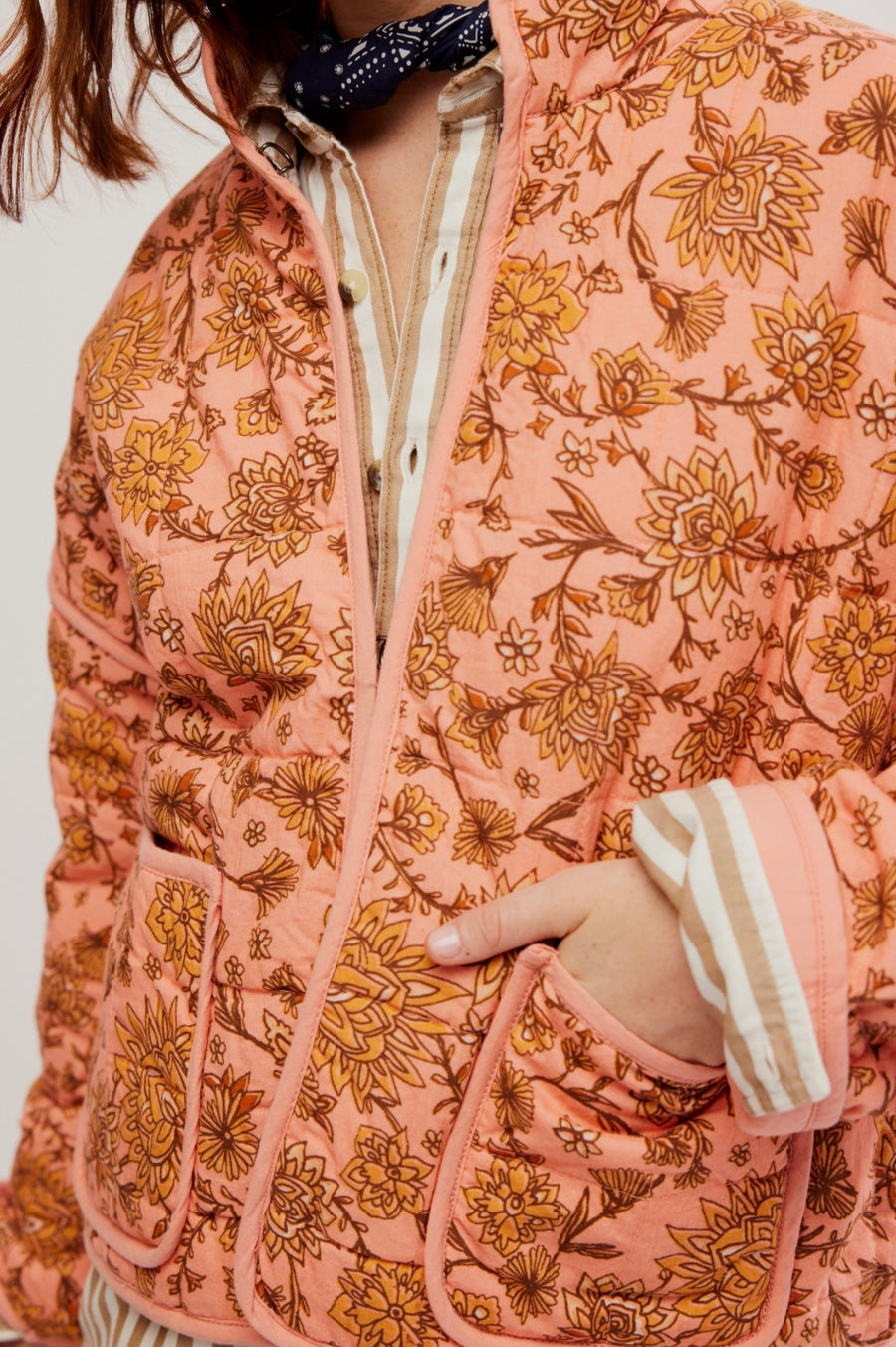 Floral Print Stand Collar Patchwork Jacket-Massicos