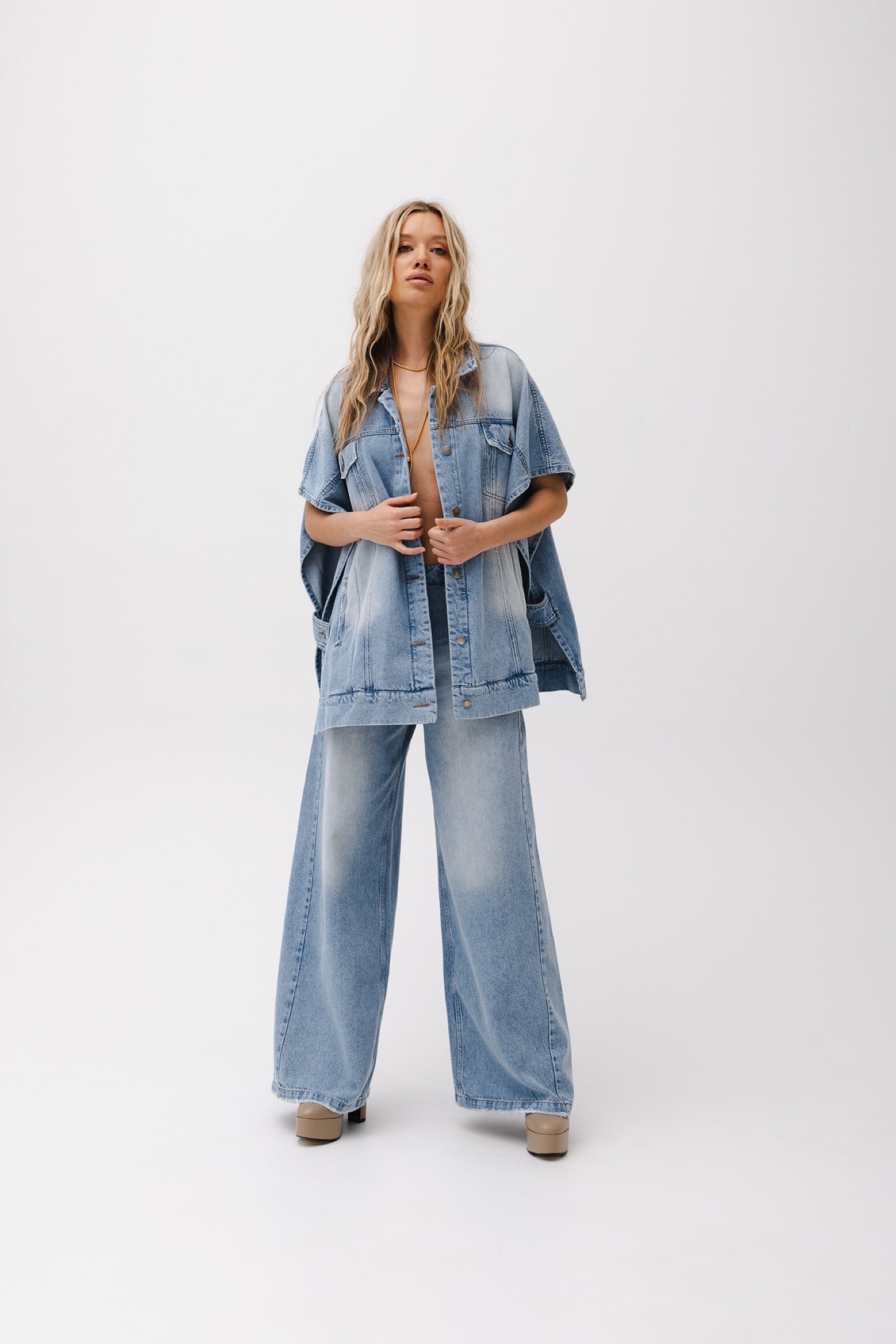 Oversized vintage washed denim vest jeans set-Massicos