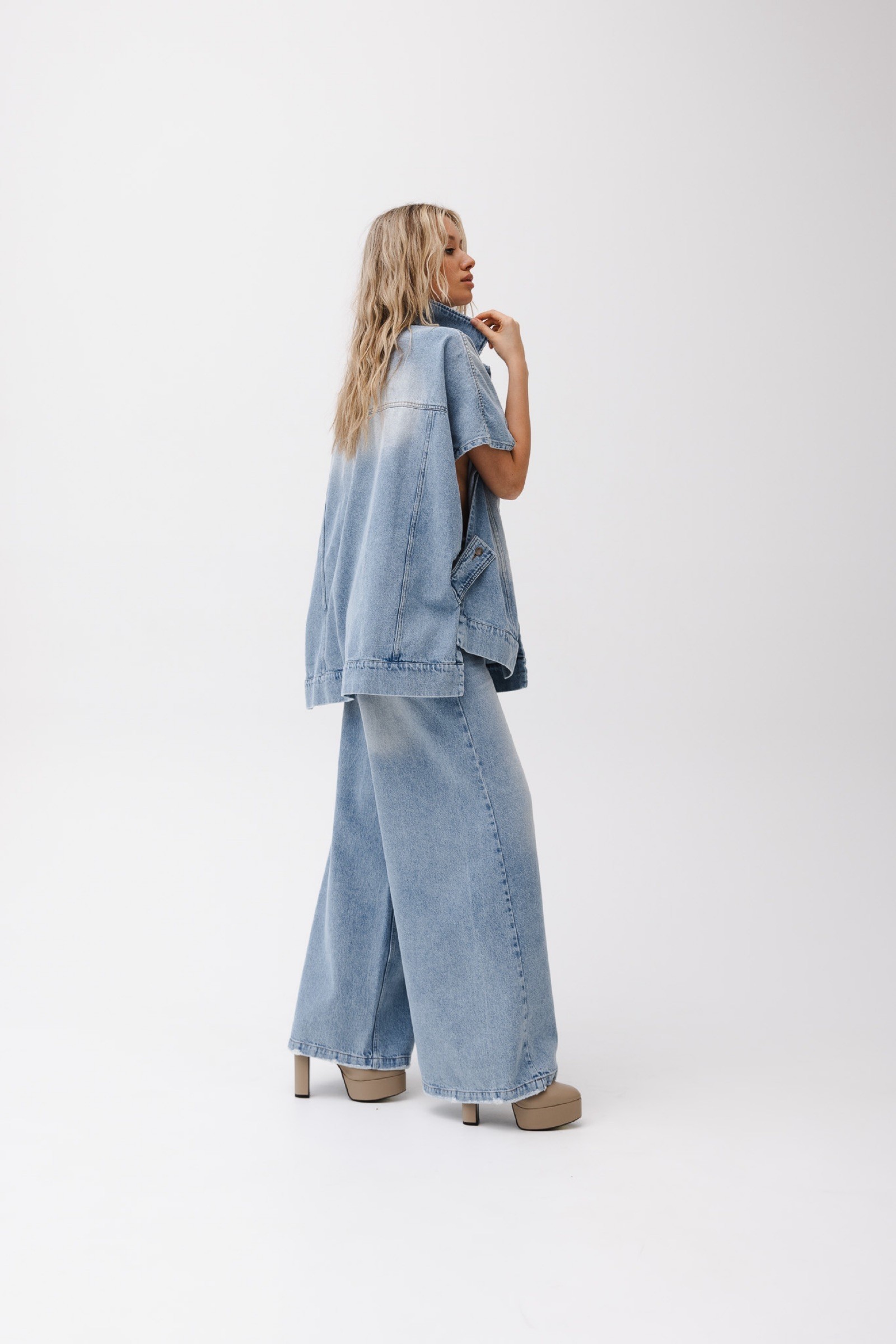 Oversized vintage washed denim vest jeans set-Massicos