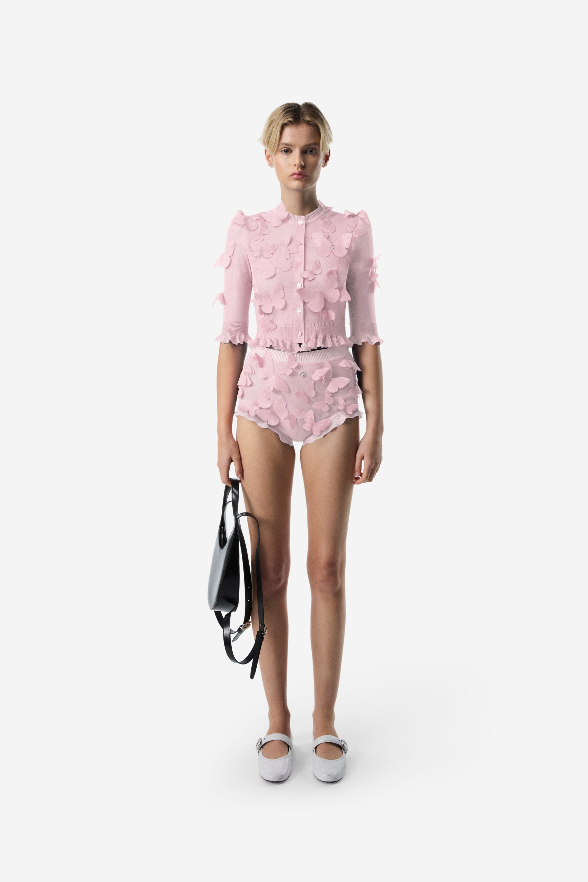 Pink Applique Knit Butterfly Cardigan Set-Massicos
