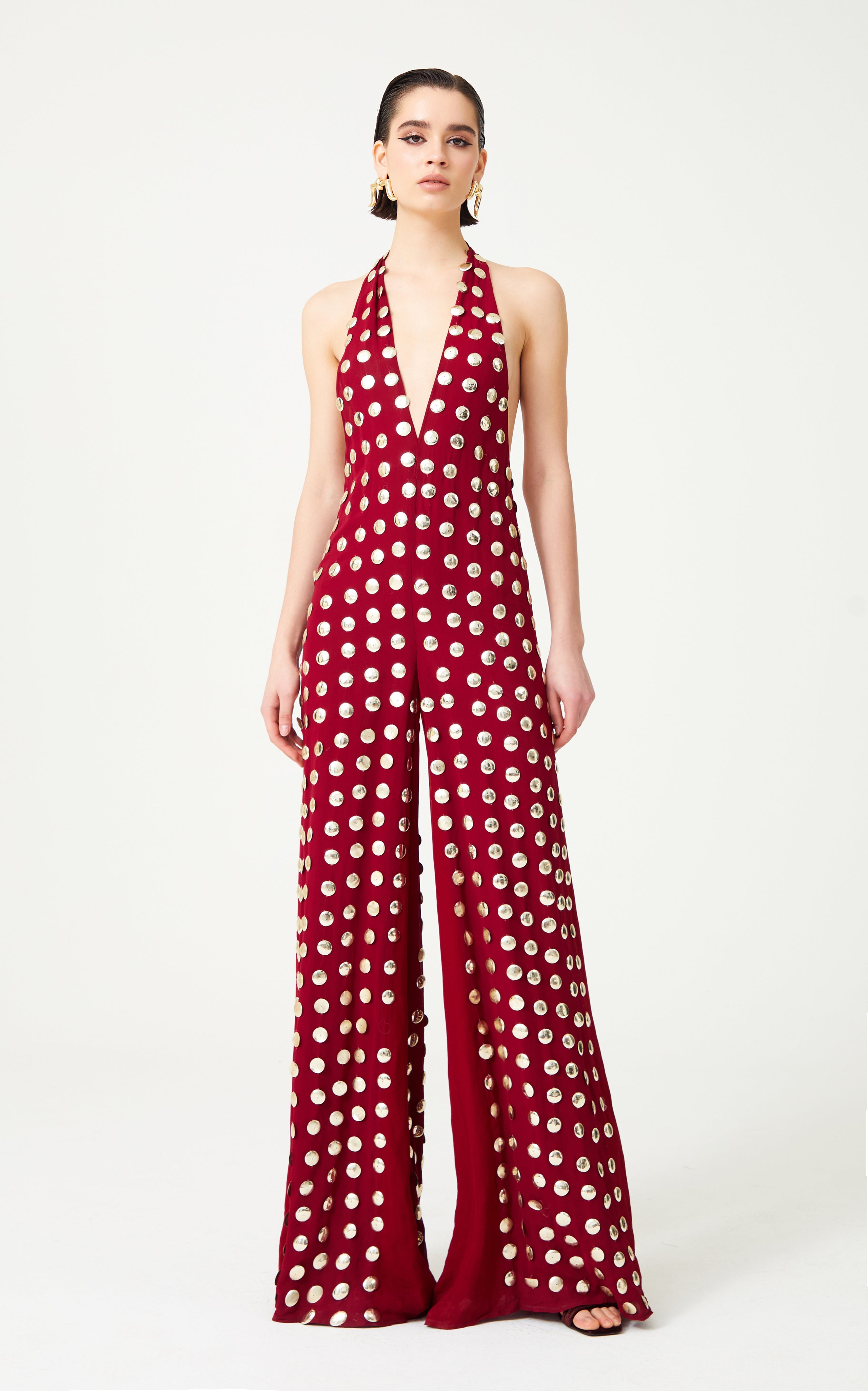 Burgundy Handmade Gold Polka Dot Jumpsuit-Massicos