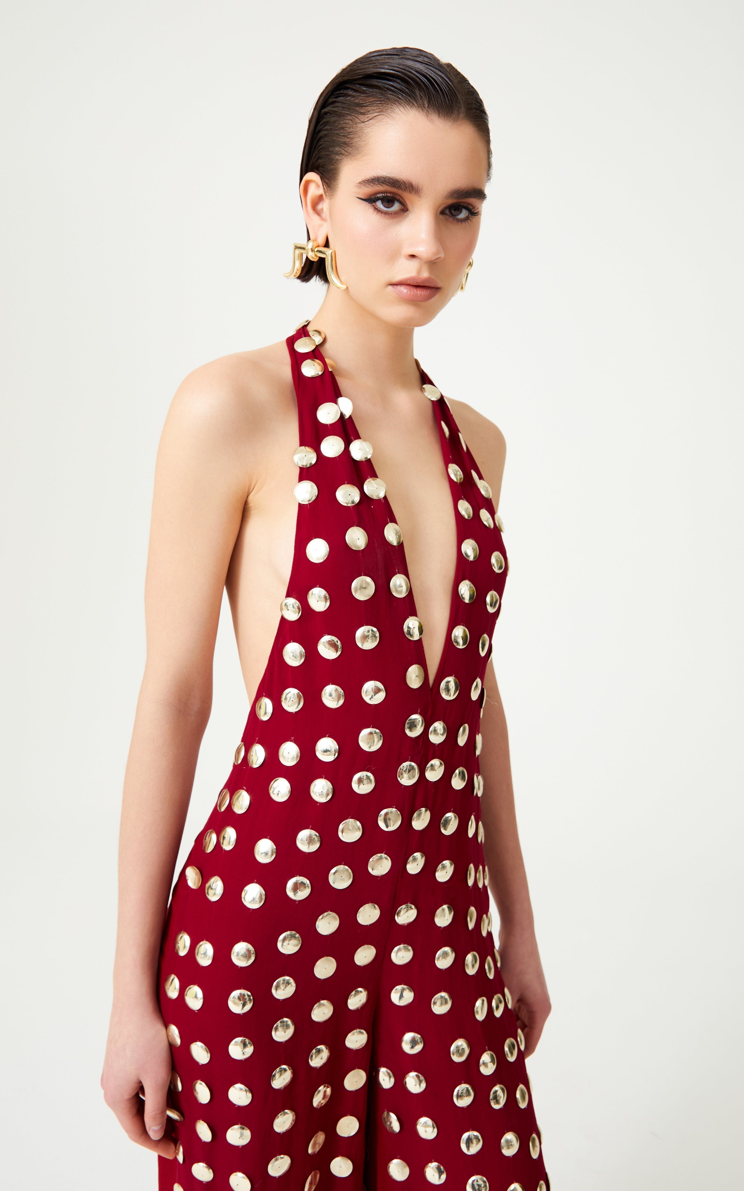 Burgundy Handmade Gold Polka Dot Jumpsuit-Massicos
