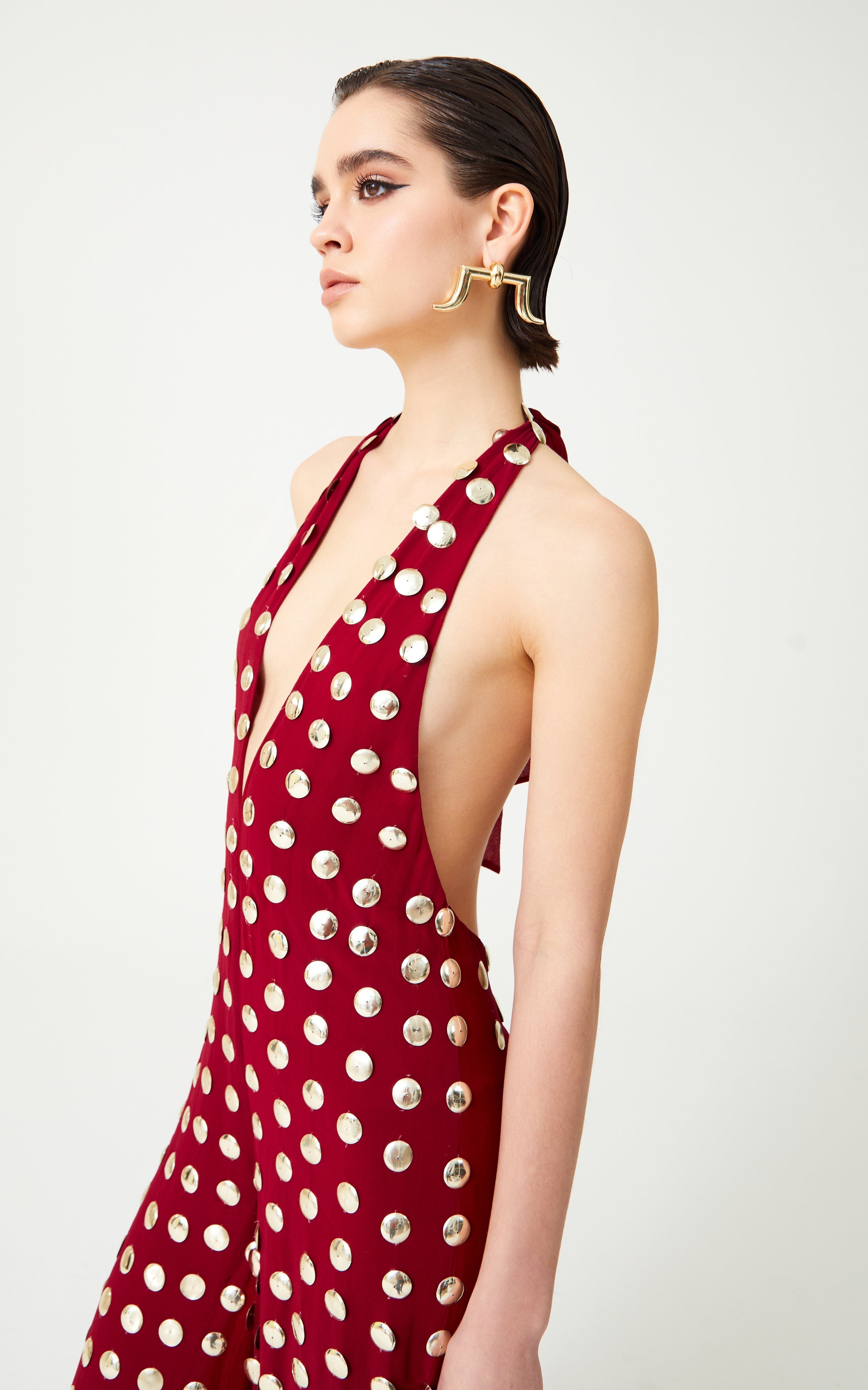 Burgundy Handmade Gold Polka Dot Jumpsuit-Massicos