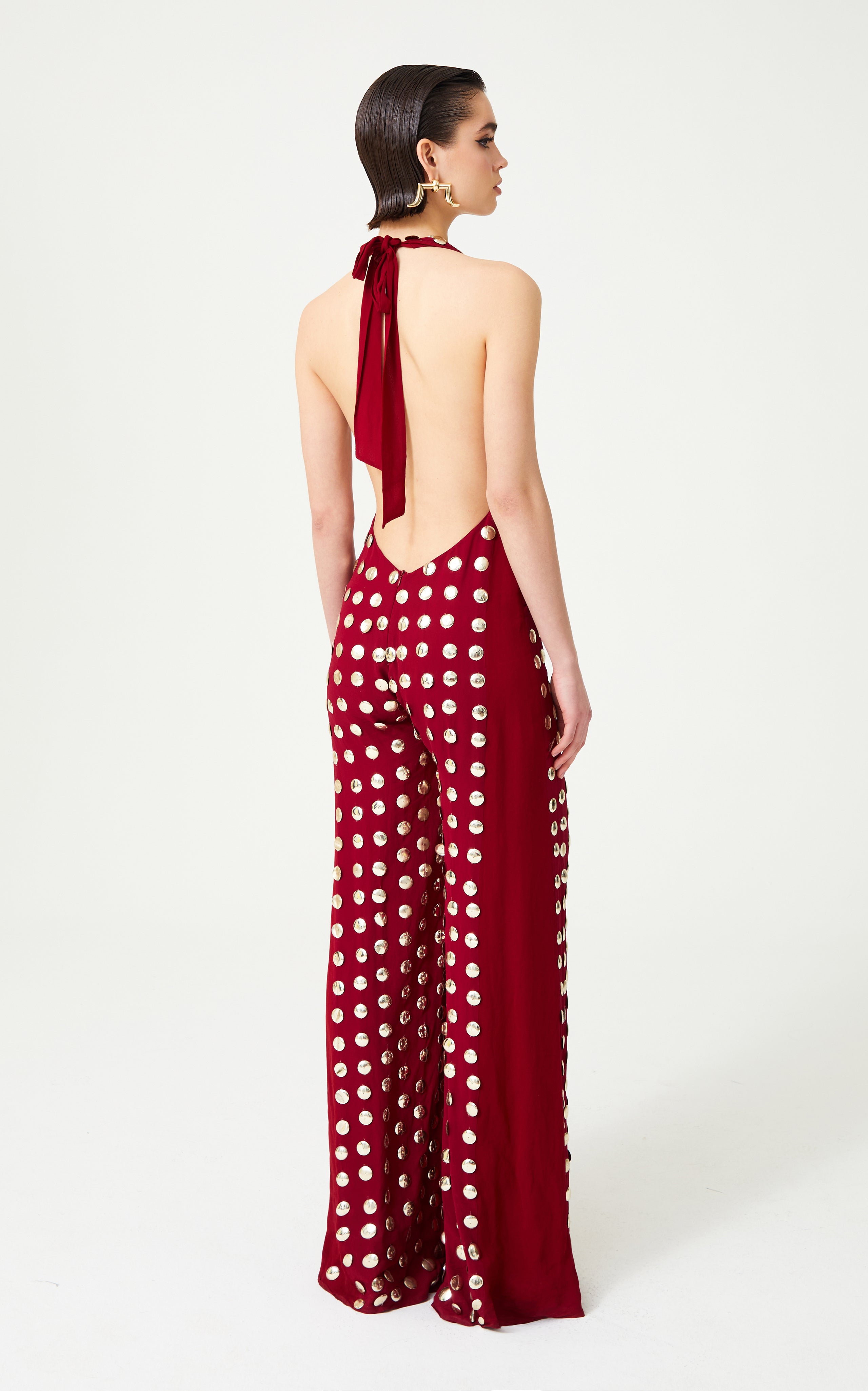 Burgundy Handmade Gold Polka Dot Jumpsuit-Massicos