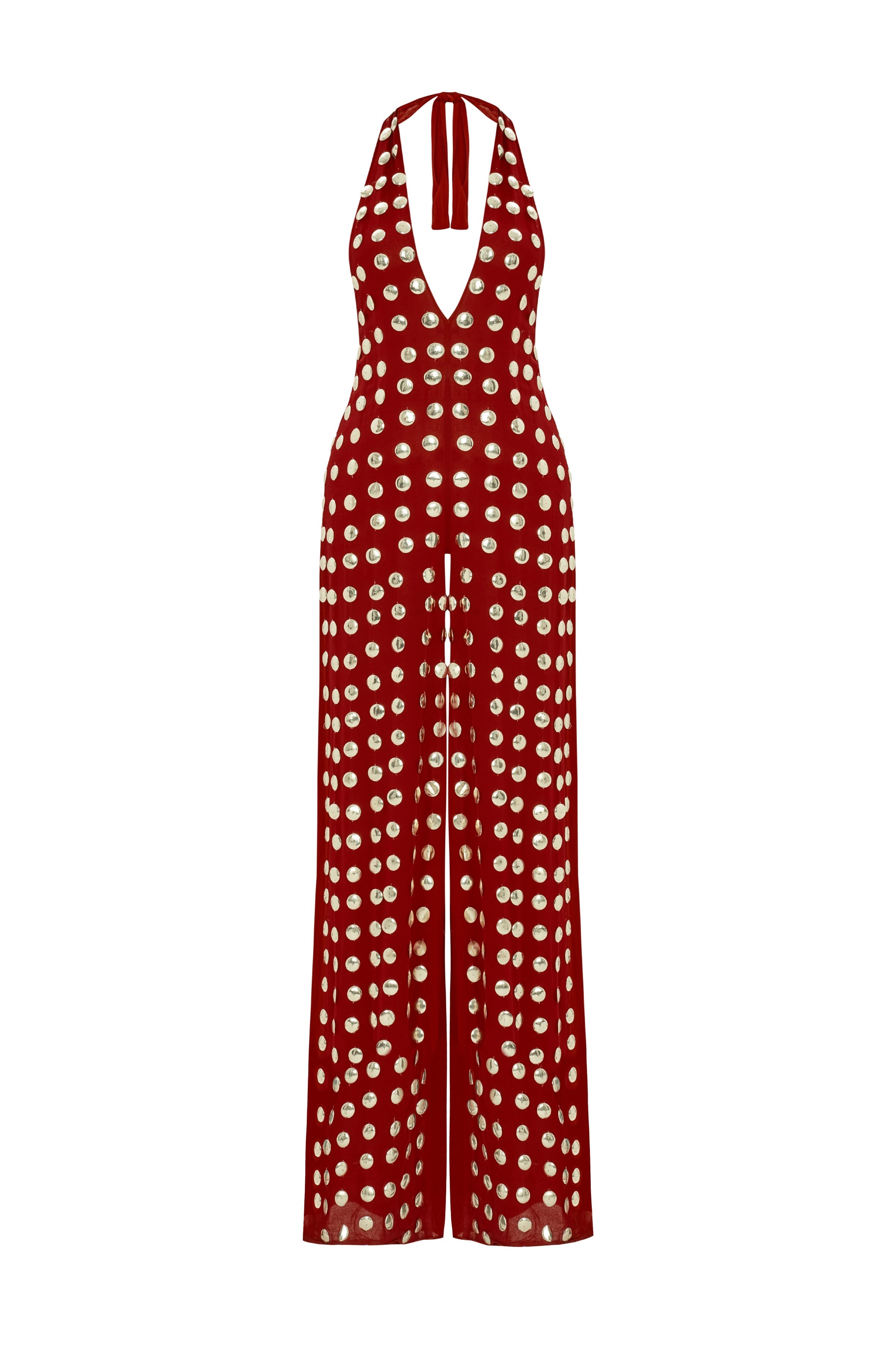 Burgundy Handmade Gold Polka Dot Jumpsuit-Massicos