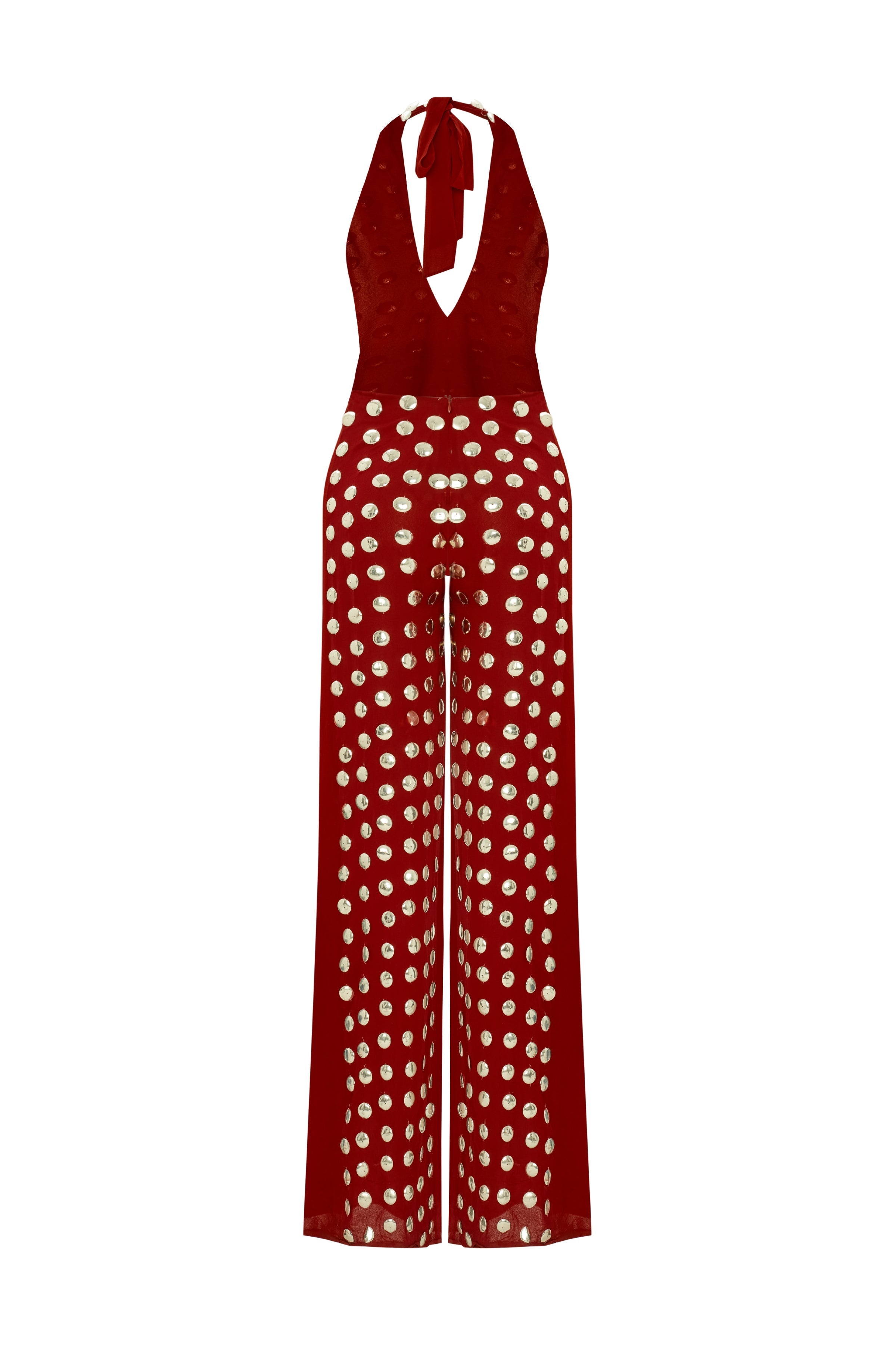 Burgundy Handmade Gold Polka Dot Jumpsuit-Massicos
