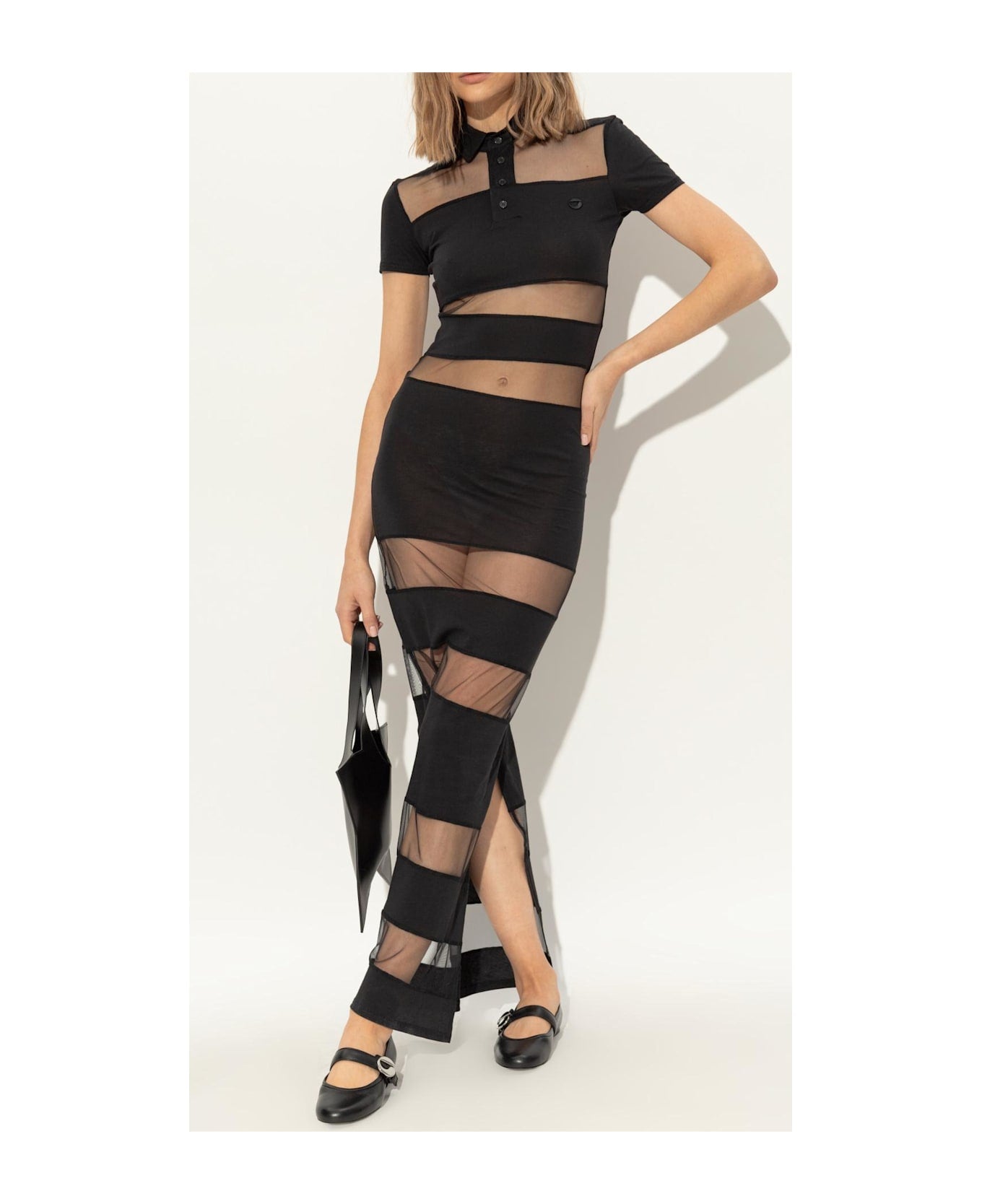 Black Mesh - Paneled Polo - style Maxi Dress-Massicos