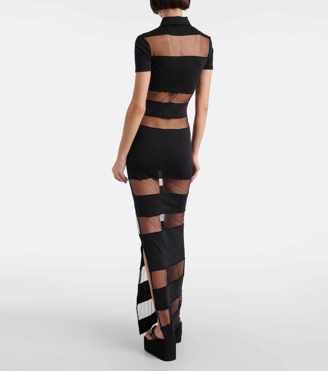 Black Mesh - Paneled Polo - style Maxi Dress-Massicos