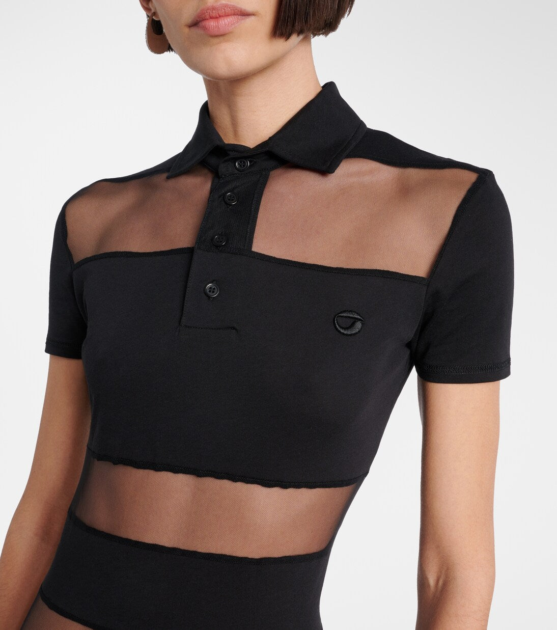 Black Mesh - Paneled Polo - style Maxi Dress-Massicos