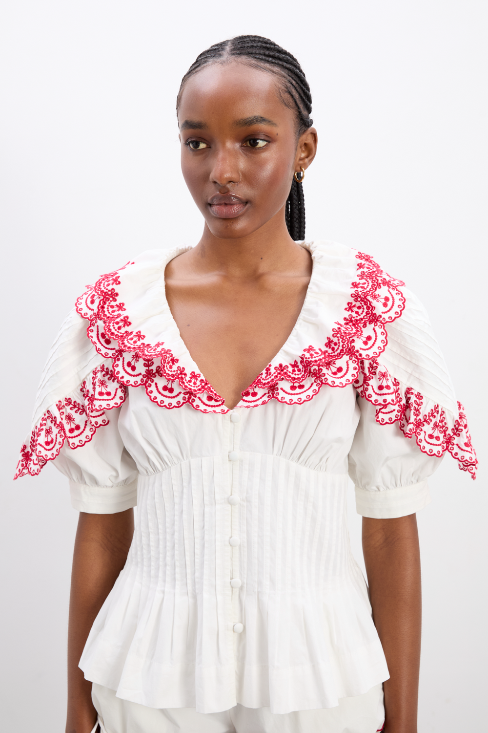 White Top and Shorts Set with Pink Floral Embroidery-ROVOLE
