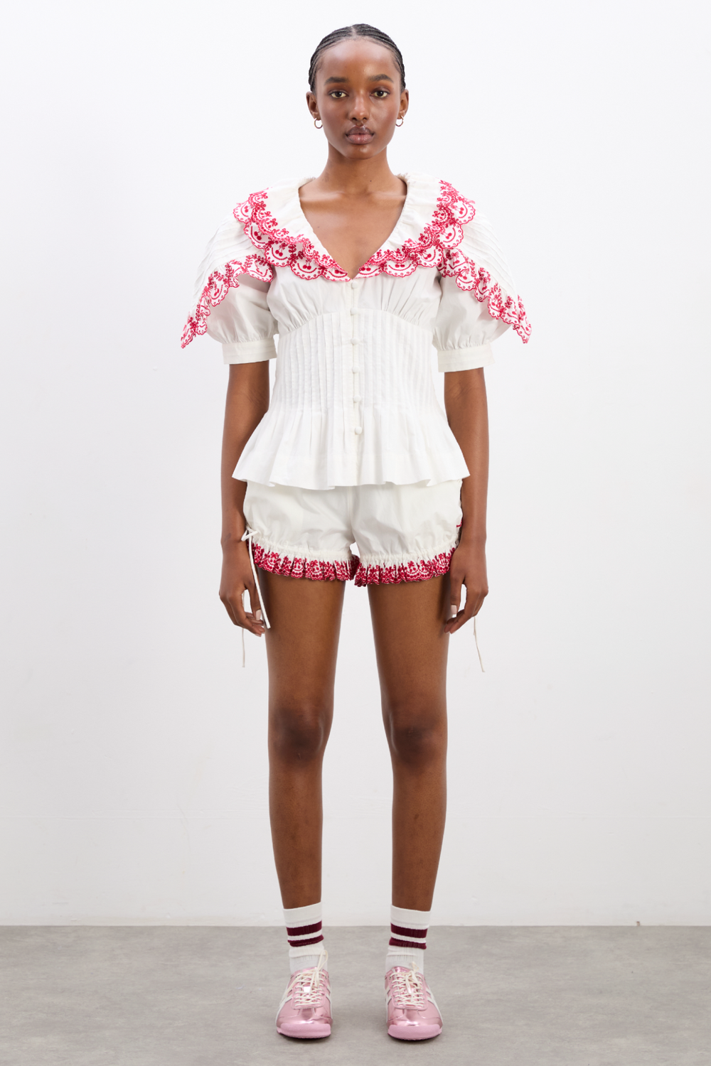 White Top and Shorts Set with Pink Floral Embroidery-ROVOLE