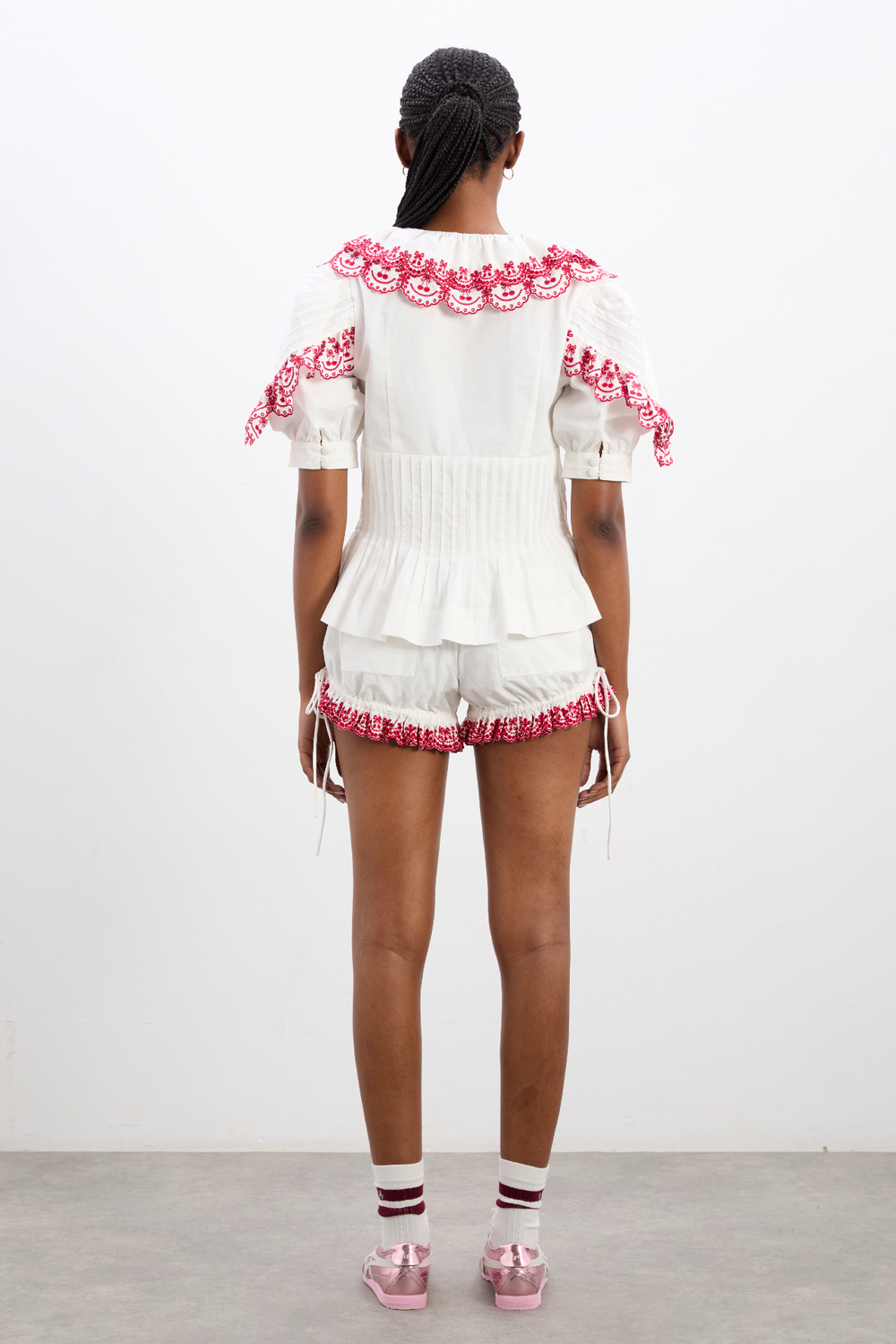 White Top and Shorts Set with Pink Floral Embroidery-ROVOLE