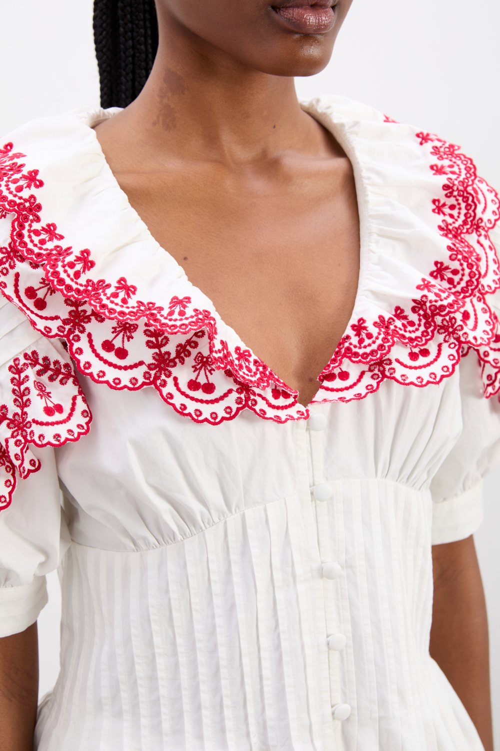 White Top and Shorts Set with Pink Floral Embroidery-ROVOLE